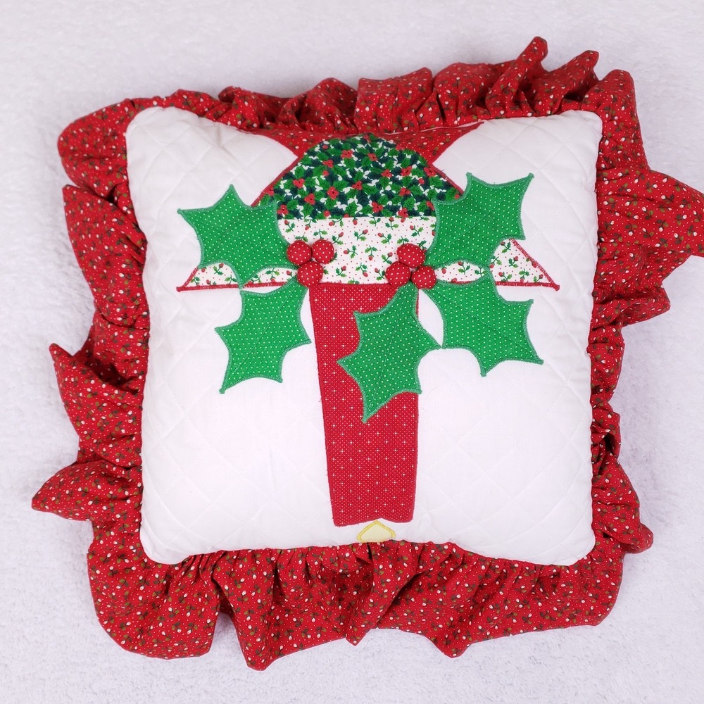 Vintage Quilted‎ Christmas Pillow Ruffle Edge Holly Appliqué 16x16 Cottagecore